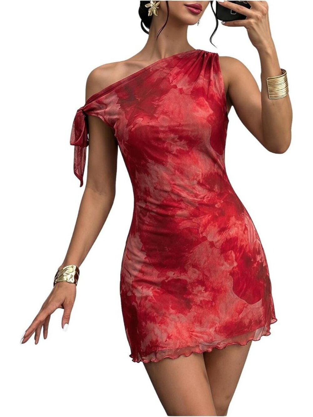 Women's Graphic Red Floral One Shoulder Asymmetrical Wedding Bodycon Mini Dress